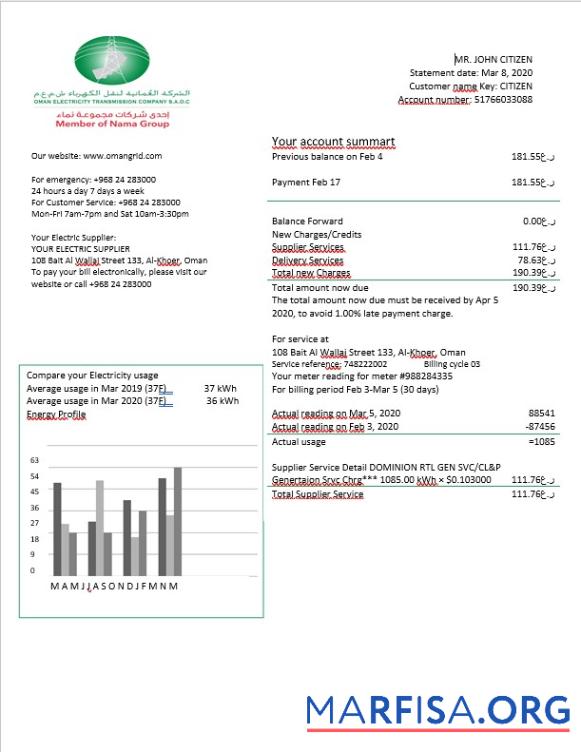 Realistic Oman Oman Electricity Transmission Company electricity bill in Word format sample